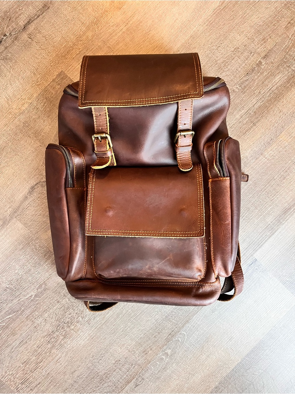 Men’s leather backpack travel bag unbranded heavy duty rugged weekender brown